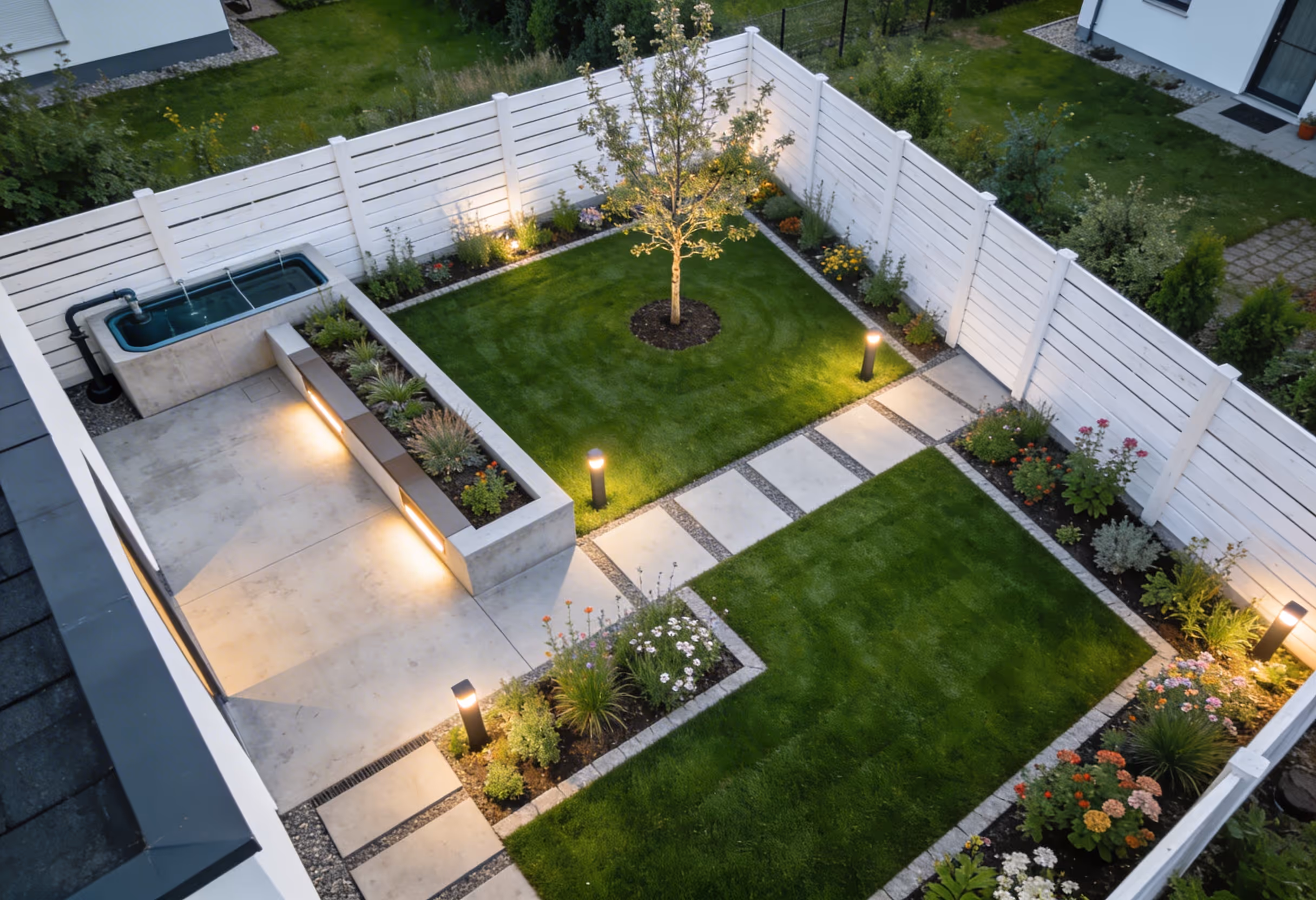 moderner garten mit beleuchtetem zierbaum auf gepflegtem rasen wei en z unen bet